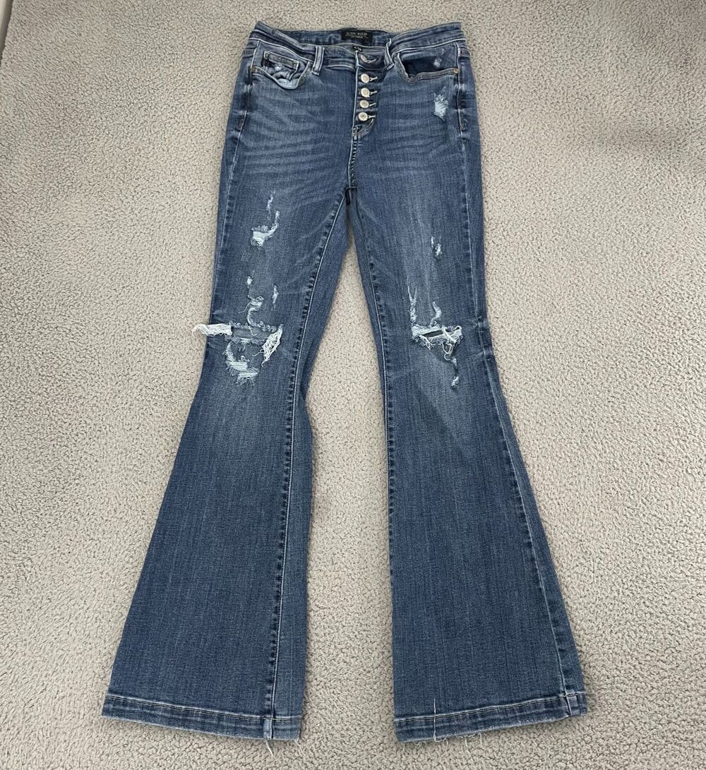 Judy Blue Trouser Flare Jeans Women 9 Dark Wash Distressed Stretch Denim